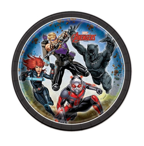 Avengers Dessert Plates. Featuring a dynamic group shot of Black Widow, Hawkeye, Black Panther, and Ant-Man surrounded by floating rocks. The black and white trim and the Avengers logo complete the look. Package includes 8 count paper plates measuring 6.75in.