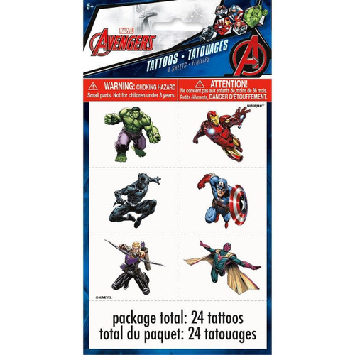 Avengers Tattoos. This set includes a collection of designs featuring Hulk, Iron Man, Black Panther, Captain America, Hawkeye, and Vision. Package includes 24 total temporary tattoos.