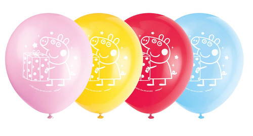 Peppa Pig Latex Balloons. Featuring pink, yellow, red, and light blue, each balloon is printed with a fun white outline of Peppa holding a present. Package includes 8 count 12in latex balloons.