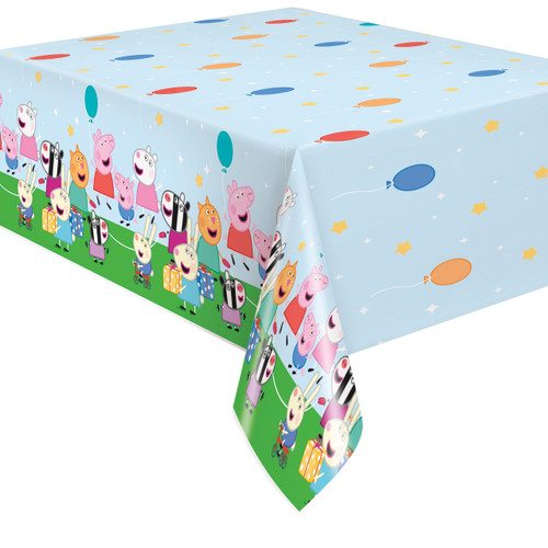 Peppa Pig Plastic Tablecover. Featuring a blue background adorned with a playful pattern of white and yellow stars, as well as red, blue, and orange balloons. The edge is decorated with a repeating pattern of Peppa and her friends. Rectangular, disposable, plastic. Measures 54in x 84in. Peppa Pig Plastic Tablecover. Featuring a blue background adorned with a playful pattern of white and yellow stars, as well as red, blue, and orange balloons. The edge is decorated with a repeating pattern of Peppa and her friends. Rectangular, disposable, plastic. Measures 54in x 84in.