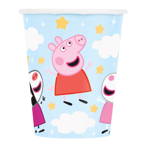 Peppa Pig Paper Cups. Each cup has a light blue background and features a pattern of white and yellow stars, fluffy white clouds, and Peppa with her friends enjoying the fun. Package includes 8 count cups measuring 9oz. Peppa Pig Paper Cups. Each cup has a light blue background and features a pattern of white and yellow stars, fluffy white clouds, and Peppa with her friends enjoying the fun. Package includes 8 count cups measuring 9oz.