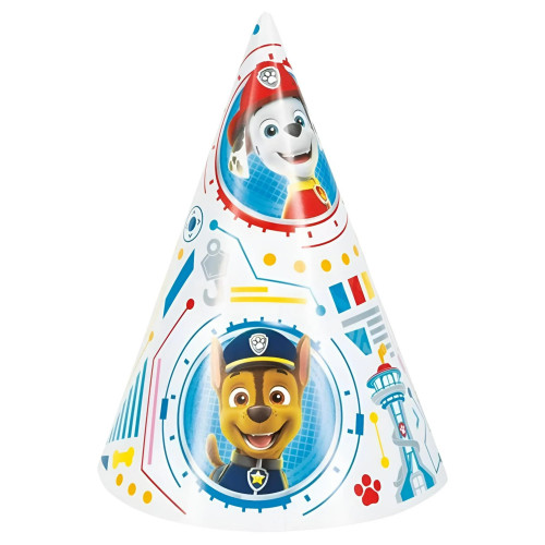 Paw Patrol Party Hats. These white cone hats feature a colorful pattern of paw prints, bones, and other fun symbols, along with circle portraits of the beloved Paw Patrol characters. One size fits most with the white elastic band. Package includes 8 hats, measuring 6in tall. Paw Patrol Party Hats. These white cone hats feature a colorful pattern of paw prints, bones, and other fun symbols, along with circle portraits of the beloved Paw Patrol characters. One size fits most with the white elastic band. Package includes 8 hats, measuring 6in tall.