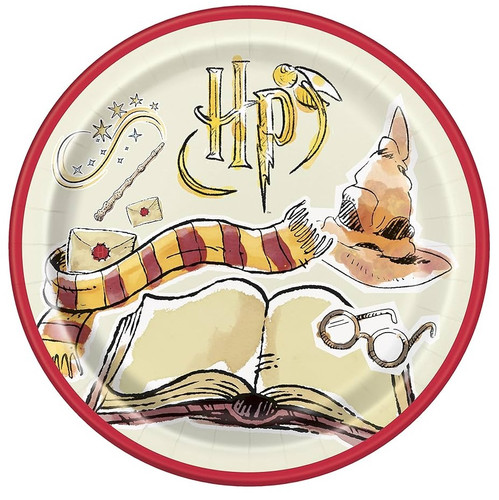 Harry Potter Luncheon Plates. The off-white printed paper plates feature a red trim and watercolor-like sketches of iconic symbols from the wizarding world, including a wand, a Gryffindor scarf, letter, open book, glasses, Sorting Hat, and the HP logo. Package includes 8 count 9in plates. Harry Potter Luncheon Plates. The off-white printed paper plates feature a red trim and watercolor-like sketches of iconic symbols from the wizarding world, including a wand, a Gryffindor scarf, letter, open book, glasses, Sorting Hat, and the HP logo. Package includes 8 count 9in plates.