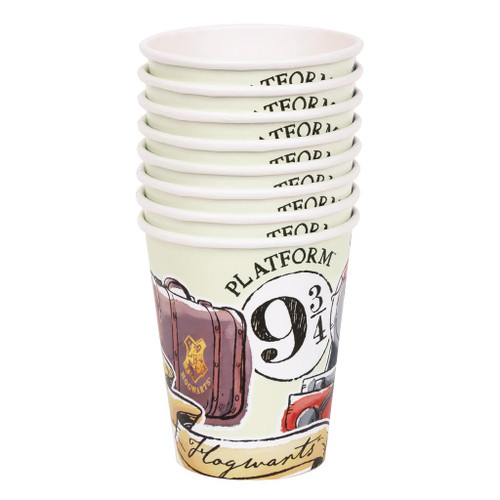 Harry Potter Paper Cups. The off-white printed cups feature watercolor-like sketches of iconic symbols from the wizarding world, including Platform 9 and 3/4, a train, Hogwarts, a wand, and a luggage case. Package includes 8 count cups measuring 9oz.