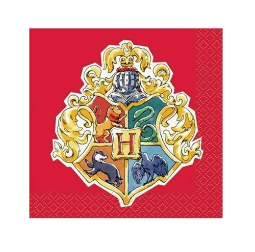 Harry Potter Beverage Napkins. Featuring a red background, each 2-ply paper napkin showcases an emblem combining the four Hogwarts houses: Gryffindor, Slytherin, Ravenclaw, and Hufflepuff.  Package includes 16 count napkins, measuring 5in x 5in when folded. Harry Potter Beverage Napkins. Featuring a red background, each 2-ply paper napkin showcases an emblem combining the four Hogwarts houses: Gryffindor, Slytherin, Ravenclaw, and Hufflepuff.  Package includes 16 count napkins, measuring 5in x 5in when folded.