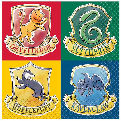 Harry Potter Hogwarts Houses Luncheon Napkins. Featuring watercolor-like sketches of the emblems from Gryffindor, Slytherin, Ravenclaw, and Hufflepuff. Package includes 16 count 2-ply paper napkins measuring 6.5in x 6.5in when folded. Harry Potter Hogwarts Houses Luncheon Napkins. Featuring watercolor-like sketches of the emblems from Gryffindor, Slytherin, Ravenclaw, and Hufflepuff. Package includes 16 count 2-ply paper napkins measuring 6.5in x 6.5in when folded.
