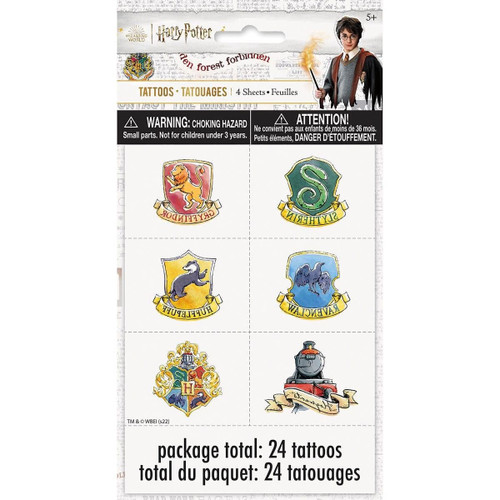 Harry Potter Tattoos. Featuring watercolor-like sketches of the Hogwarts house emblems and the Hogwarts Express. Package includes 24 total temporary tattoos. Harry Potter Tattoos. Featuring watercolor-like sketches of the Hogwarts house emblems and the Hogwarts Express. Package includes 24 total temporary tattoos.