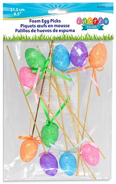 Foam Easter Egg Picks. These charming picks come in pink, blue, orange, green, and purple. Package includes 10 count picks measuring 8.5in, eggs 1.07in x 1.5in.