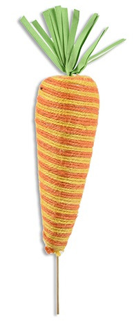 Easter Burlap Carrot Picks. These picks feature a textured orange and yellow woven design in the shape of a carrot. Package includes 2 count picks measuring 11in, carrots measuring 5.5in.