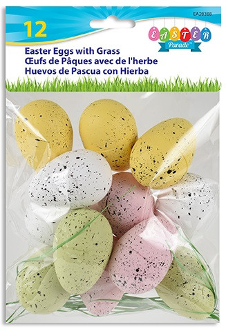 Speckled Eggs with Grass. These eggs come in soft shades of yellow, white, green, and pink, each speckled with black. Package includes 12 count eggs measuring 1.75in. Not fillable.