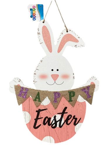 Easter Bunny Plaque. White bunny popping out of a pink with white polka dots egg, holding a canvas banner with glitter and solid black text saying “Happy Easter.”
