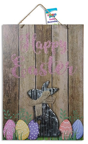 Easter Bunny Plaque with Burlap Ribbon.  Glitter Pink Happy Easter.