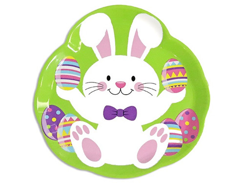 Easter Bunny Printed Serving Tray. The shaped plastic tray features a cute white bunny wearing a purple bow tie and holding colorful Easter eggs, all set against a green background. Measures 14.4in.