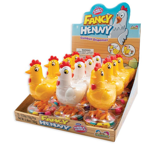 Fancy Henny Gumball Dispenser. This dispenser is shaped like a hen and comes with double bubble gumballs. Package includes 1 count dispenser. Color may vary. Please specify in the customer notes if a yellow or white chicken is preferred. Net WT .53oz.