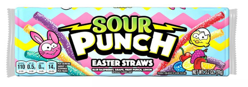 Sour Punch Easter Straws. Flavors Blue Raspberry, Grape, Fruit Punch, and Lemon. Net WT 3.2oz.