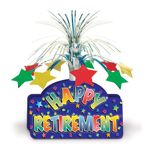 Happy Retirement Centerpiece. Printed on both sides, the cardstock design features a blue background, colorful confetti, and "HAPPY RETIREMENT" in colorful letters. It includes a shimmering silver foil spray with green, gold, and red stars. Assembly required. Measures 13in.