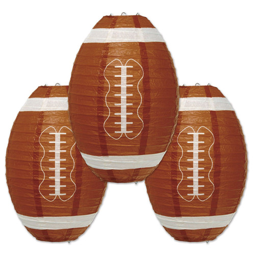 Football Paper Lanterns. Package includes 3 count lanterns, measuring 11in.