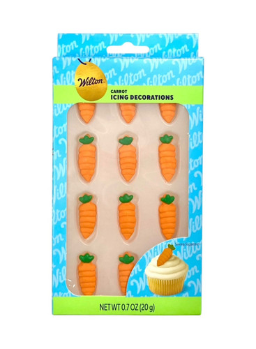 Carrot Icing Decorations. Shaped like tiny orange carrots with green leaves on top. Package includes 12 count 1.25in decorations. Net WT 0.7oz.