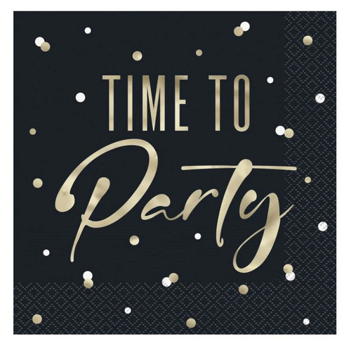 Time To Party Luncheon Napkins. These black, 2-ply paper napkins feature "Time To Party" in gold foil letters. Package includes 16 count napkins measuring 6.5in x 6.5in when folded.