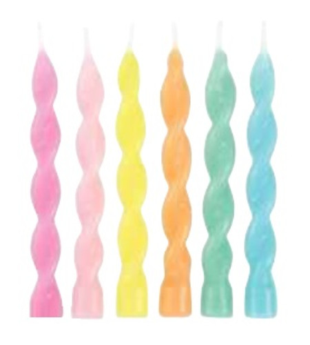 Pastel Spiral Candles. This set includes candles a spiral shape in the pastel colors blush, pink, yellow, orange, green, and blue. Package includes 6 count candles measuring 3.25in.