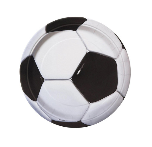 Soccer Ball Dessert Plates. These paper plates feature a classic black-and-white soccer ball design. These plates measure 6.75in inches and include 8 count in each pack.