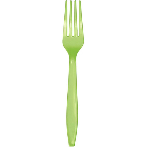 Lime Green Plastic Forks. Package contains 24 count heavyweight disposable plastic forks measuring 7in.