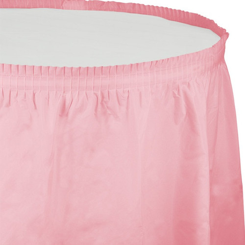 Classic Pink Plastic Table Skirt. This plastic skirt features a self-adhesive edge. Measures 14ft x 29in.