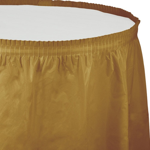 Gold Plastic Table Skirt. This plastic skirt features a self-adhesive edge. Measures 14ft x 29in.