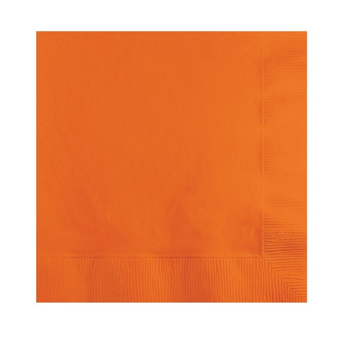 Orange Beverage Napkins. Package includes 50 count 2-ply paper napkins that measure 5in x 5in when folded.