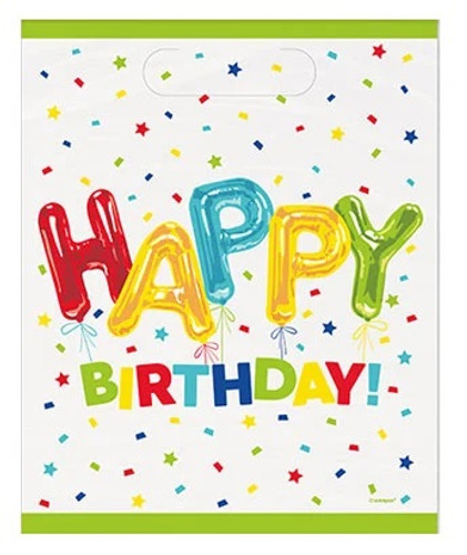 Happy Balloon Birthday Loot Bags. These white, plastic bags with lime green trim feature multicolor confetti with "HAPPY" spelled out in colorful balloon shapes with strings and "BIRTHDAY!" in multicolor letters. Package includes 8 count bags, measuring 7in x 8.75in. Happy Balloon Birthday Loot Bags. These white, plastic bags with lime green trim feature multicolor confetti with "HAPPY" spelled out in colorful balloon shapes with strings and "BIRTHDAY!" in multicolor letters. Package includes 8 count bags, measuring 7in x 8.75in.