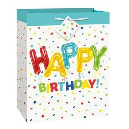 Happy Balloon Birthday Gift Bag. This white bag with a turquoise stripe along the top features multicolor confetti with "HAPPY" spelled out in colorful balloon shapes with strings and "BIRTHDAY!" in multicolor letters. Includes white ribbon handles and matching gift tag, decorated with multicolor confetti. Measures 10.5in x 13in x 5.5in. Happy Balloon Birthday Gift Bag. This white bag with a turquoise stripe along the top features multicolor confetti with "HAPPY" spelled out in colorful balloon shapes with strings and "BIRTHDAY!" in multicolor letters. Includes white ribbon handles and matching gift tag, decorated with multicolor confetti. Measures 10.5in x 13in x 5.5in.