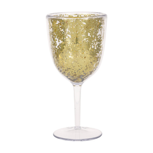 Plastic Wine Tumbler with Gold Confetti. Designed in a classic clear wine glass shape, this reusable tumbler features shimmering gold confetti sealed inside the double-wall construction. Package includes one tumbler, measuring 7.75in tall, 14.5oz.