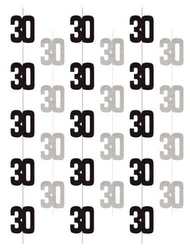 Add a touch of sparkle to your celebration with our Birthday Glitz 30 Hanging Decorations! This set includes six stunning strands made from prismatic foil in black and silver, each measuring 60 inches long and featuring the number "30." Perfect for birthday parties or milestone celebrations, these shimmering decorations create a festive atmosphere that will wow your guests and make the occasion truly memorable!