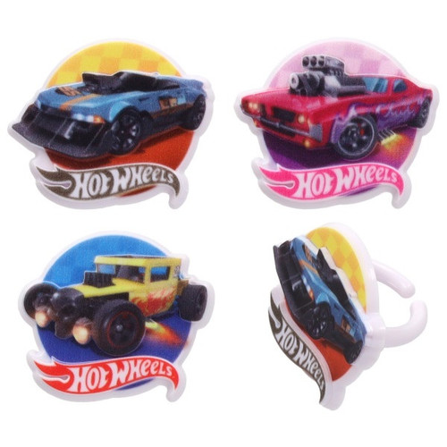 Hot Wheels Cupcake Rings. Each plastic ring features a colorful car design over a circular shape with a checkered background and the iconic Hot Wheels logo underneath. The set could include a red car on a pink background, a yellow car on blue, and a blue car on yellow. Amount of each color in a pack will vary. Package includes 6 count rings measuring in the range 1.5in x 1.45in.