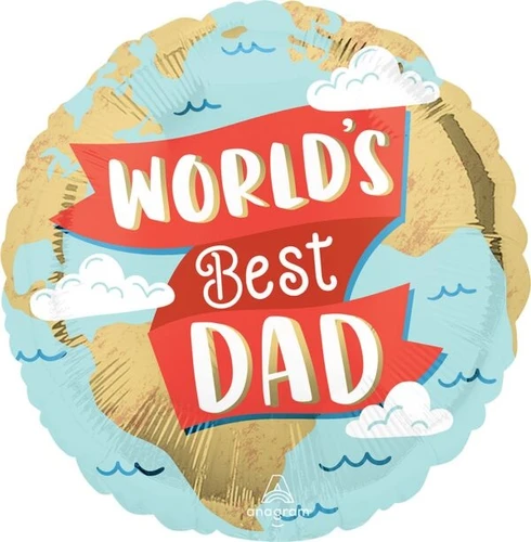 World’s Best Dad Balloon. This circular balloon is designed as a light blue globe with gold countries and soft white clouds, featuring a red banner in the center shows the message "WORLD'S Best DAD" in white and gold lettering. Balloon is approximately 17 inches after inflation.