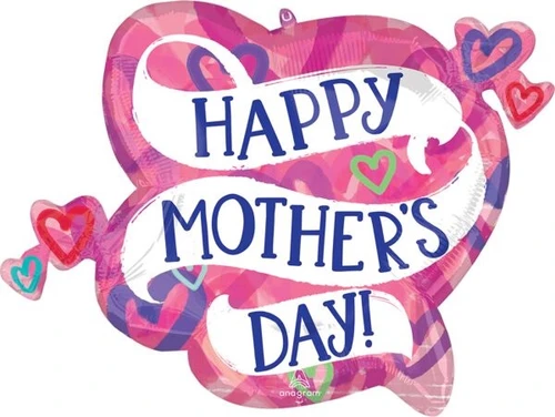 Show Mom your love with this Mother’s Day Layered Hearts Balloon. Shaped around a swirling white banner that reads "HAPPY MOTHER'S DAY" in bluish-purple lettering, this design features a bright pink background with layered colorful heart outlines. Tiny hearts peek out from the sides, adding a playful and cheerful touch. Balloon is approximately 28 inches after inflation.