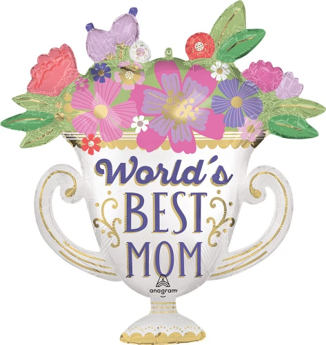 World’s Best Mom Trophy Balloon. Shaped like a white trophy with gold accents, it is filled with colorful flowers and features the message “World’s BEST MOM” in purple lettering with a gold shadow. Balloon is approximately 30 inches after inflation.