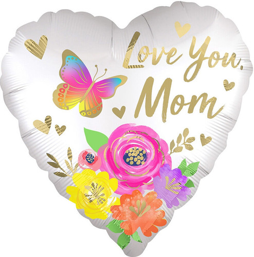 Love You Mom Floral Balloon. This heart-shaped balloon features a white background with gold accents, a rainbow butterfly, and a colorful bouquet of flowers. The heartfelt message "Love You Mom" shines in gold script. Balloon is approximately 18 inches after inflation.