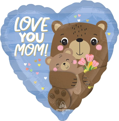 Love You Mom Bear Hugs Balloon. This heart-shaped balloon features a soft blue background with a loving mama bear holding her baby and pink flowers. The white text reads "LOVE YOU MOM!" Balloon is approximately 17 inches after inflation.