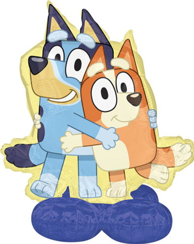 Airloonz Bluey and Bingo Balloon. This DIY self-sealing balloon features Bluey and Bingo in a hug standing on a dark blue base. Includes elastic band for tying and a straw for inflating. Measures approximately 50in.