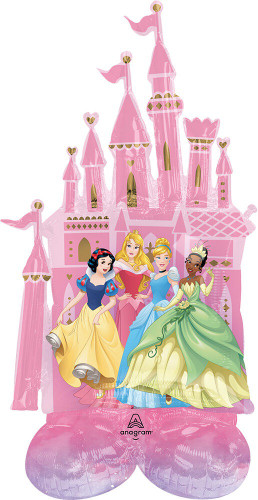 Airloonz Disney Princess Castle Balloon- Pink castle with gold accents, with princesses Snow White, Aurora, Cinderella, and Tiana grouped together. Other princesses on the opposite side. Includes elastic band for tying and a straw for inflating. Measures approximately 53in. Airloonz Disney Princess Castle Balloon- Pink castle with gold accents, with princesses Snow White, Aurora, Cinderella, and Tiana grouped together. Other princesses on the opposite side. Includes elastic band for tying and a straw for inflating. Measures approximately 53in.