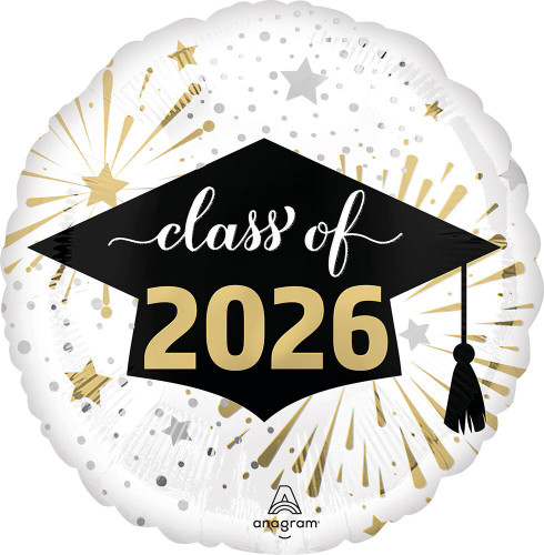 Class of 2026 White and Gold Balloon. This round balloon features a white background decorated with shimmering gold starbursts. A black graduation cap silhouette contains the words "class of" in white script, while "2026" is in gold. Balloon is approximately 17 inches after inflation.