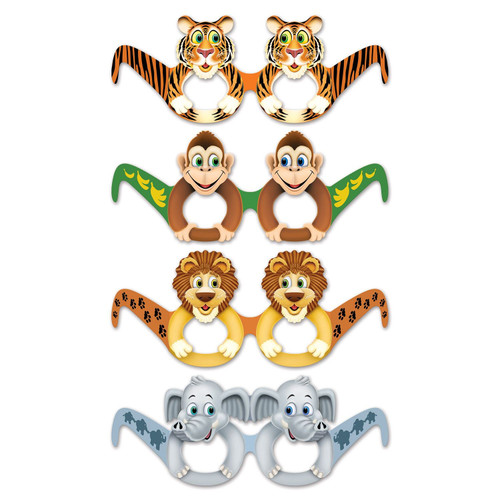 Jungle Animal Eyeglasses. This set includes 12 fun pairs, featuring three each of tigers, monkeys, lions, and elephants. Each printed cardstock pair has playful animal shapes around the rims and matching patterns down the temples. One size fits most. Package includes 12 count cardstock eyeglasses, measuring 16in x 5.3in when unfolded, 7.25in x 5.3in when folded.