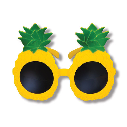 Pineapple Glasses. Plastic, designed with bright yellow pineapple-shaped rims with green leaves. One size fits most. Frames measure about 5.5in x 4.3in.