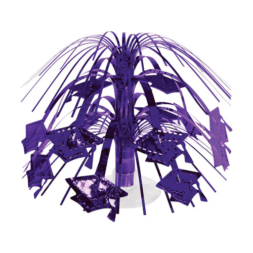 Purple Mini Grad Cap Cascade Centerpiece. Featuring a clear base, this decoration showcases a purple foil spray accented with mini graduation cap shapes. Perfect for graduation parties, banquet tables, or gift tables. Measures 7.5in.