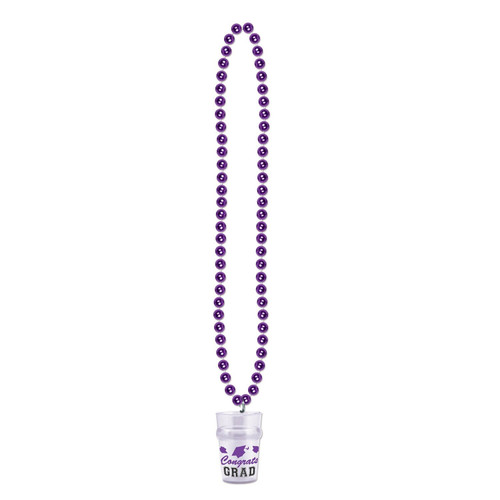 Purple Beads with Grad Glass necklace. This fun and festive accessory features a strand of purple beads and a small plastic cup. The clear cup displays "Congrats" in script, "GRAD" in block text, and is topped with purple graduation cap silhouettes. Necklace measures 33in, cup is 2.5oz.