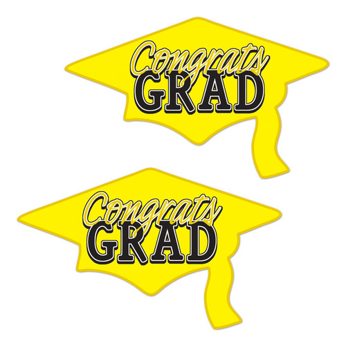Yellow Congrats Grad Hat Cutouts. Shaped like a yellow graduation cap silhouette, each cardstock cutout features "Congrats" in yellow and "GRAD" in black block letters, both double outlined in black and white. Package include 2 count cutouts, printed on both sides, measuring 22.25in x 36.75in.
