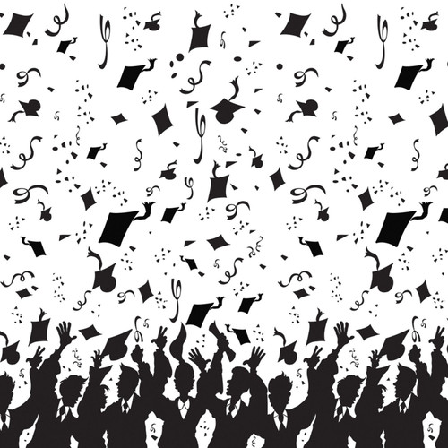 Grad Hat Toss Backdrop. Featuring a white background with a repeating pattern of black silhouettes of graduates tossing their caps into the air, along with scattered confetti. Measures 4ft x 30ft. Grad Hat Toss Backdrop. Featuring a white background with a repeating pattern of black silhouettes of graduates tossing their caps into the air, along with scattered confetti. Measures 4ft x 30ft.