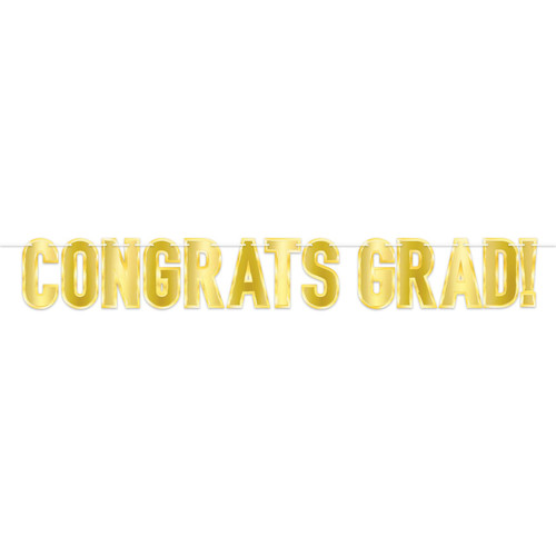 Gold Foil Congrats Grad Streamer. Featuring metallic gold foil cardstock letters that spell out "CONGRATS GRAD!" Measures 7in x 5ft 3in when assembled.