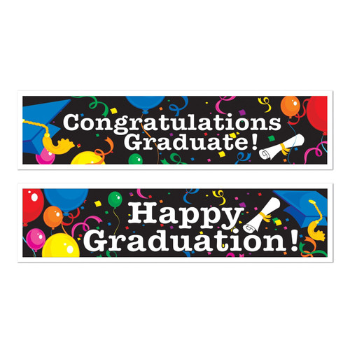 Plastic Graduation Banners. Featuring a black background with white borders, each banner is decorated with a pattern of multicolor balloons and confetti, along with a blue graduation cap and a white diploma. One banner reads "Congratulations Graduate!" while the other says "Happy Graduation!" in white text. Package includes 2 count banners, measuring 15in x 5ft.